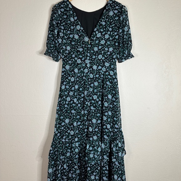 DRAPER JAMES green and black Fall Vines tiered ruffle midi dress 4 - Picture 5 of 11